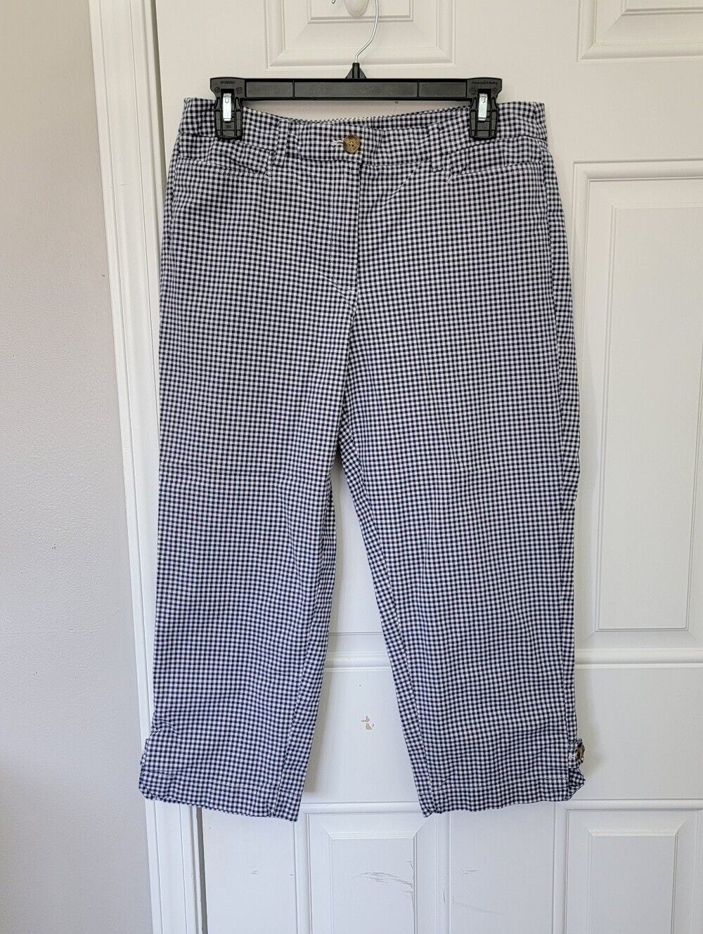 Talbots Perfect Skimmer Navy Blue White Gingham Checked Capri Pants Preppy Sz 8